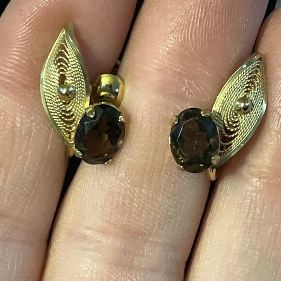 Vintage 1/20 12k Gold Filled Filigree Smoky Quartz Screw Back Earrings - Picture 4 of 6